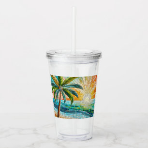 Mosaic Tropical Beach Sunset Palm Tree Acrylic Tumbler