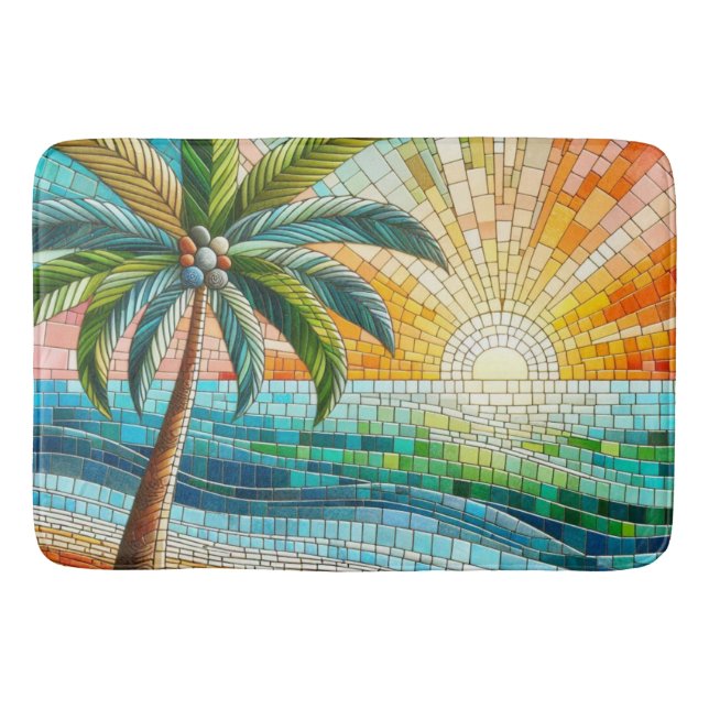 Mosaic Tropical Beach Sunset Palm Tree Bath Mat (Front)