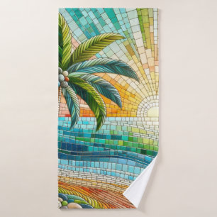 Mosaic Tropical Beach Sunset Palm Tree Bath Towel