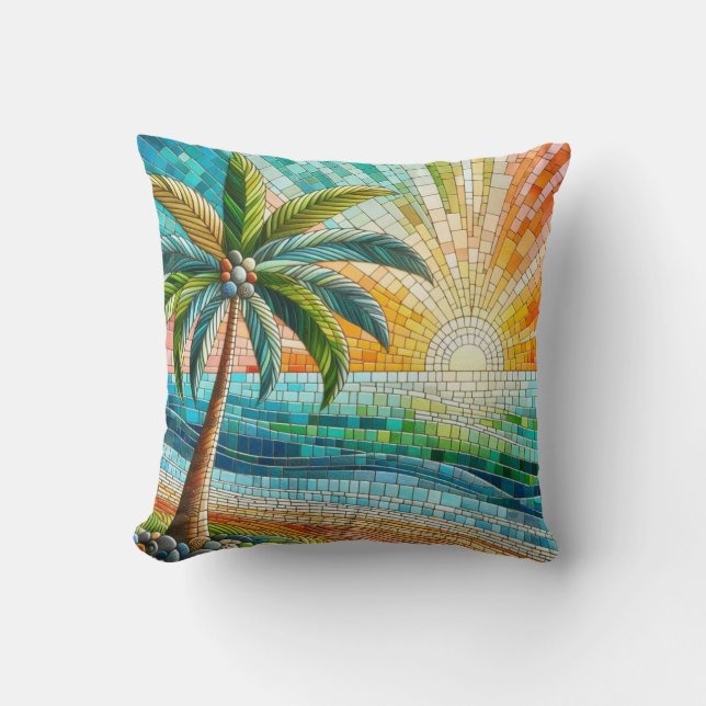 Mosaic Tropical Beach Sunset Palm Tree Cushion (Front)