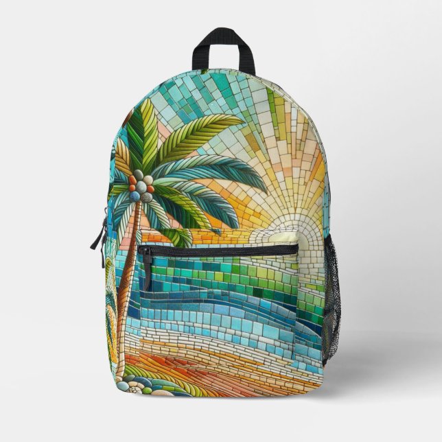 Mosaic Tropical Beach Sunset Palm Tree Printed Backpack (Front)