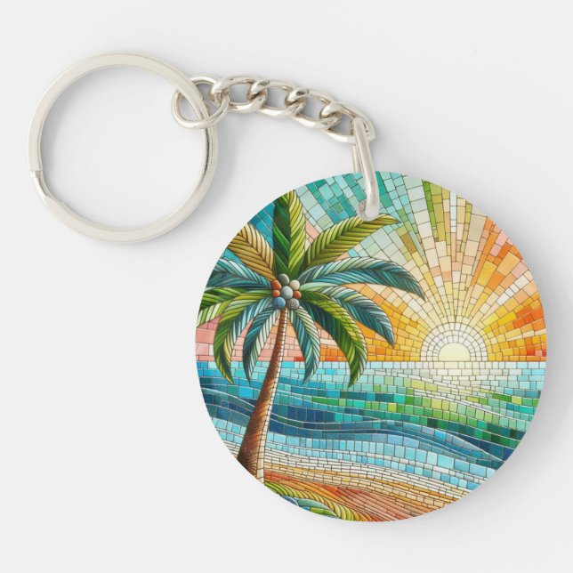 Mosaic Tropical Beach Sunset Palm Tree Round Key Ring (Front)