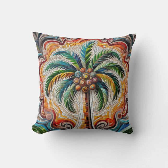 Mosaic Tropical Palm Tree Art Cushion (Front)