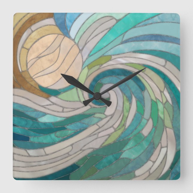 Mosaic Wave and Moon Square Wall Clock (Front)
