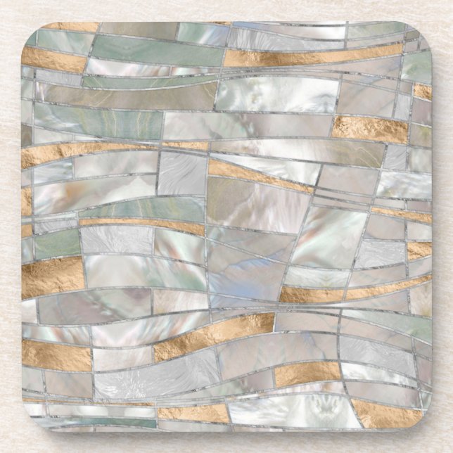 Mosaic Waves Art - Pearl and Pastel Gold Coaster (Front)