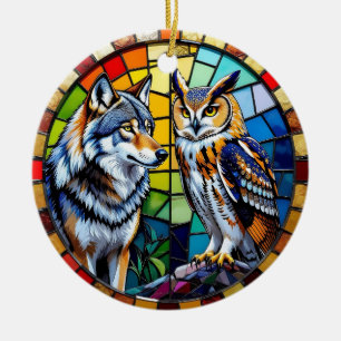 Mosaic Wolf and Owl  Art Personalised Christmas Ceramic Ornament