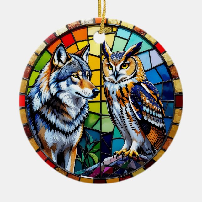 Mosaic Wolf and Owl  Art Personalised Christmas Ceramic Ornament (Front)