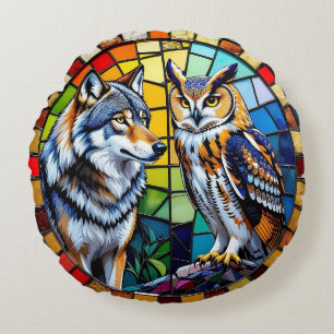 Mosaic Wolf and Owl Vibrant and Colorful Wildlife Round Cushion