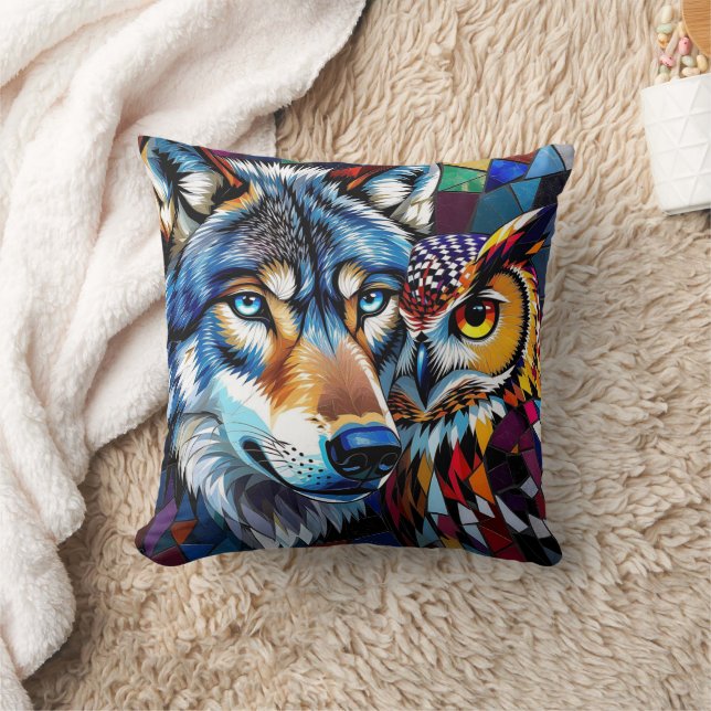 Mosaic Wolf, Owl and Full Moon Cushion (Blanket)