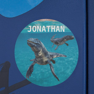 Mosasaur Water Dinosaur Monogram name  Classic Round Sticker
