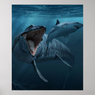 Mosasaurus chasing shark poster