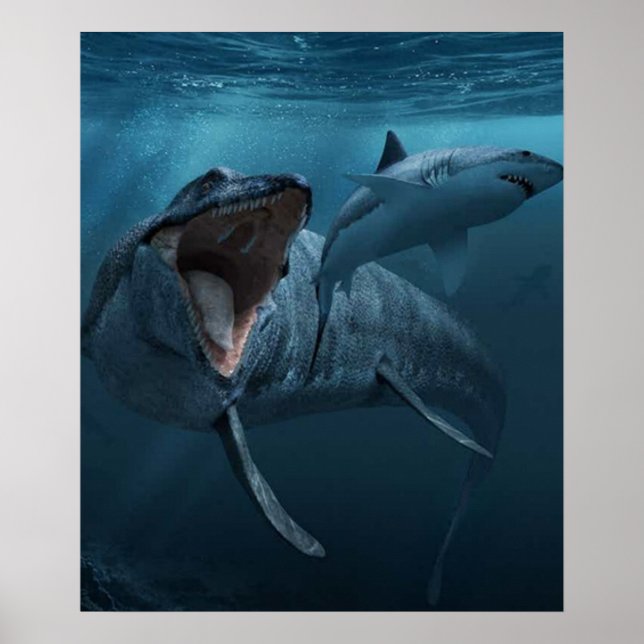 Mosasaurus chasing shark poster (Front)
