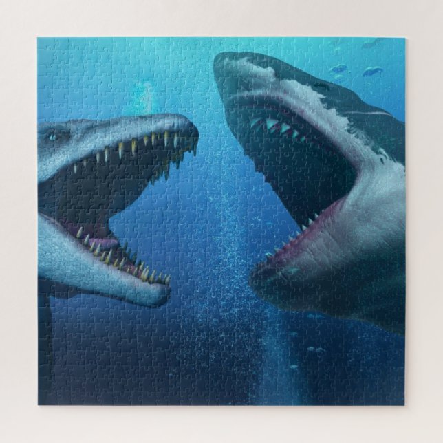 Mosasaurus versus megalodon jigsaw puzzle (Vertical)