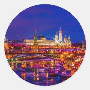 Moscow Kremlin In Winter Night Classic Round Sticker