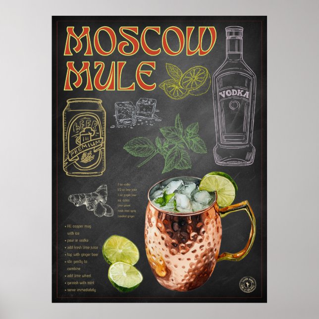Moscow Mule Recipe Chalkboard Cocktail Bar Art Poster (Front)