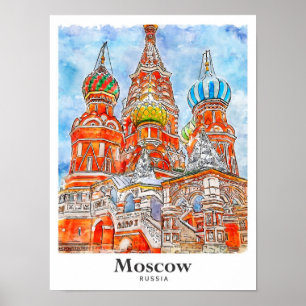 Moscow Russia Travel Watercolor Hand Drawn Poster