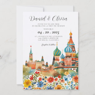 Moscow Russian Watercolor Wedding Invitation