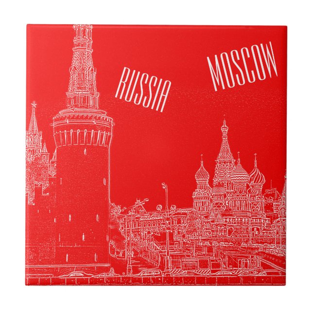 Moscow St Basil's Cathedral Red Square Sketch Ceramic Tile (Front)