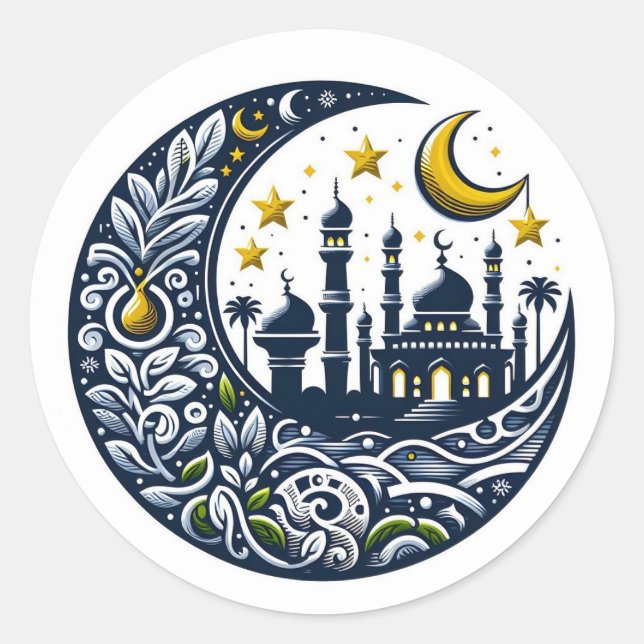Mosque and Ornate Moon Classic Round Sticker (Front)