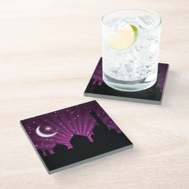 Mosque Silhouette Purple Night - Glass Coaster (Angled)