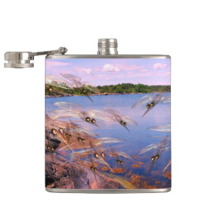 Mosquito swarm, scandinavia fjord, hip flask