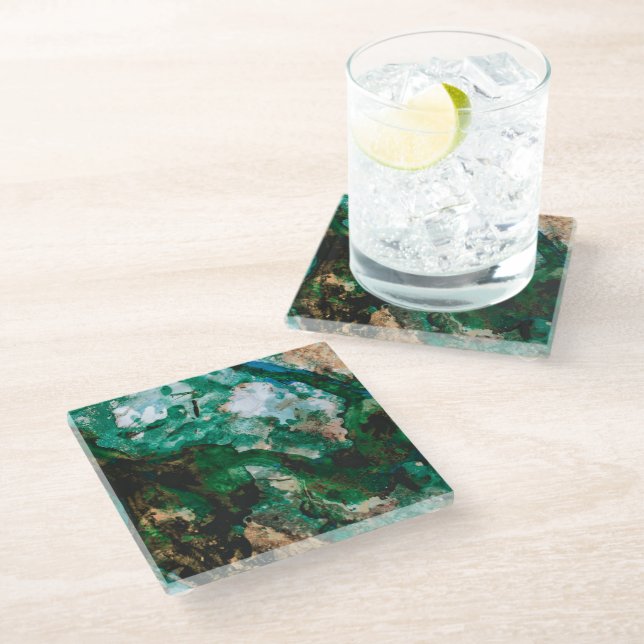 Moss Agate Green Crystal Geode Abstract Glass Coaster (Angled)