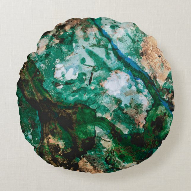 Moss Agate Green Crystal Geode Abstract Round Cushion (Front)
