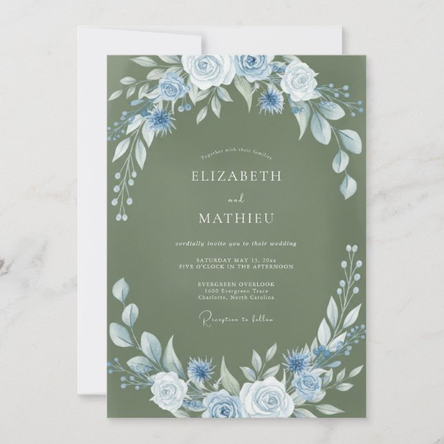 Moss Azure Wreath Wedding Invitation (Front)