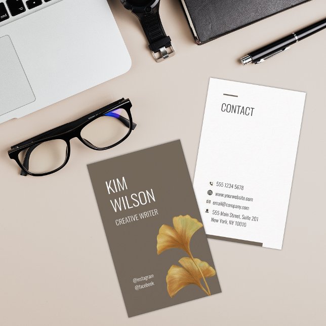 Moss Brown Modern Minimalist Golden Ginkgo Business Card (Creator Uploaded)