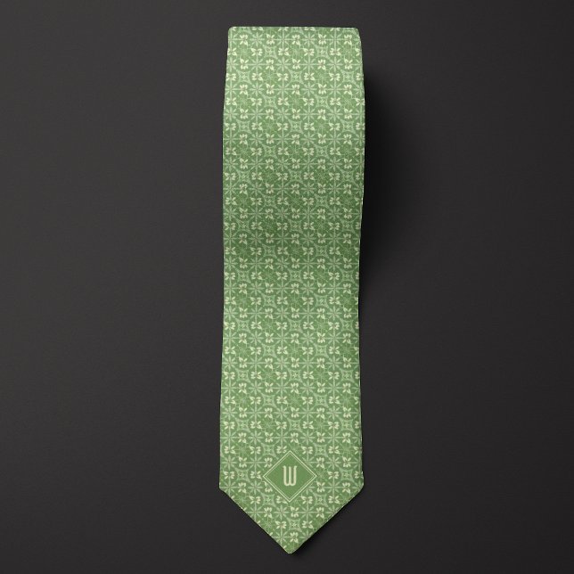 Moss Green and Cream Floral Monogram Tie (Creator Uploaded)