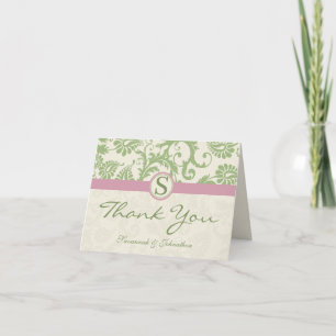 Moss Green and Pink Damask Thank You Card