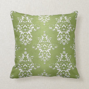 Moss Green and White Floral Damask Cushion