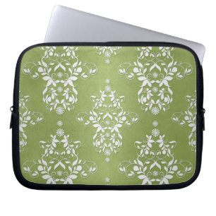 Moss Green and White Floral Damask Laptop Sleeve