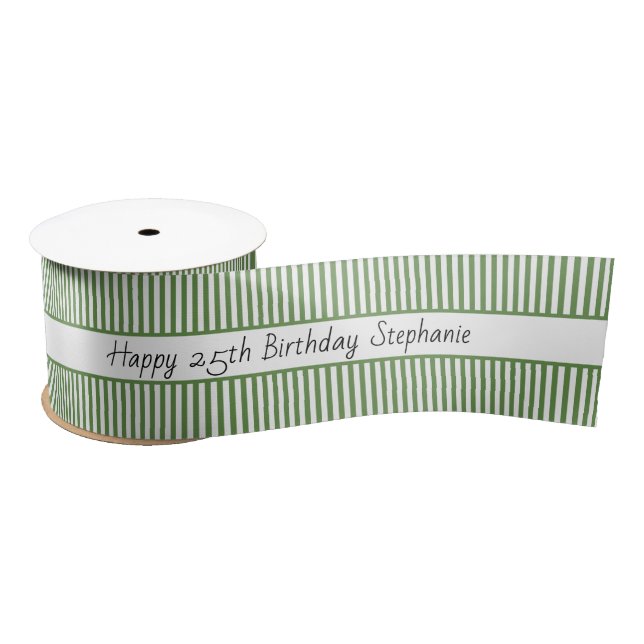 Moss Green and White Stripe Pattern Happy Birthday Satin Ribbon (Spool)
