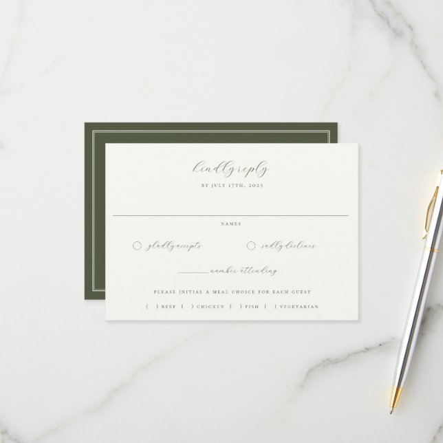 Moss Green Beige Wedding Meal Choice RSVP Card (Front/Back In Situ)