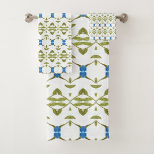 MOss Green Blue and White Patterned Bath Towel Set