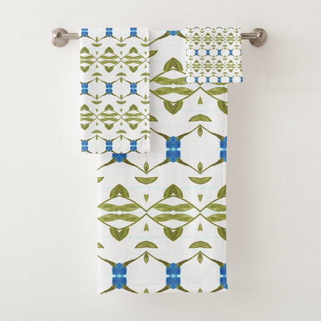 MOss Green Blue and White Patterned Bath Towel Set (Insitu)