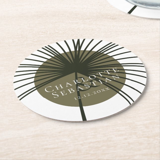 Moss Green Botanical Fan Elegant Wedding Round Paper Coaster (Angled)