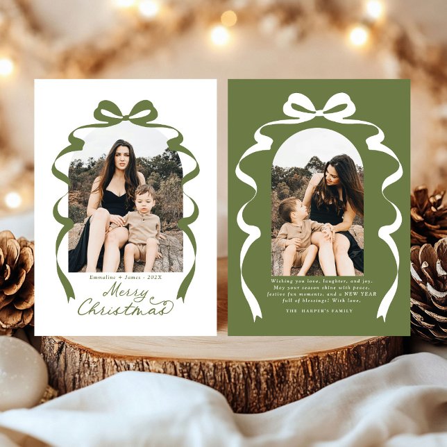 Moss Green Bow Photo Merry Christmas Arch Holiday Card (Creator Uploaded)