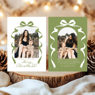 Moss Green Bow Photo Merry Christmas Arch Holiday Card