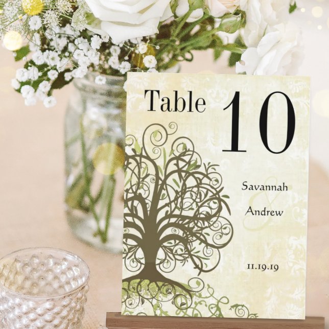Moss Green & Brown Tree Swirl Table Number Postcard (Creator Uploaded)