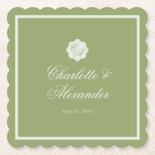Moss Green Calligraphy Wedding Paper Coaster