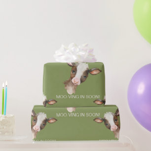 Moss Green Cow Moo-ving in Soon! Baby Shower Wrapping Paper