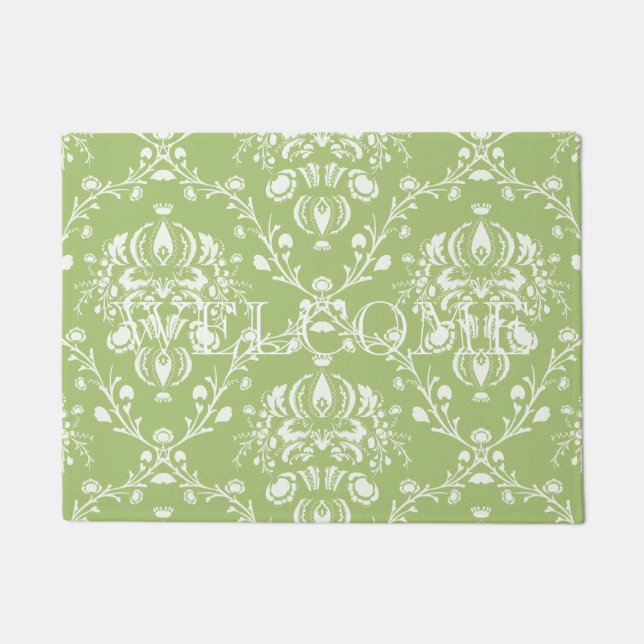 Moss Green Damask Doormat (Front)