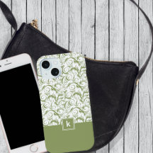 Moss Green Damask Pattern Monogram 