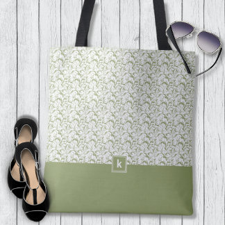 Moss Green Damask Pattern Monogram Tote Bag