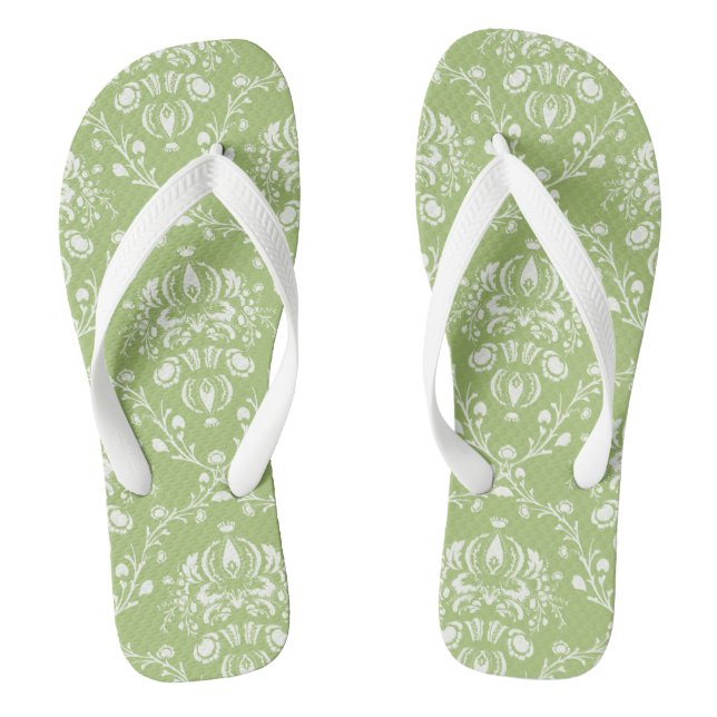 Moss Green Damask Thongs (Footbed)