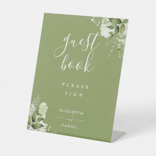 Moss Green Elegant Floral Greenery Guest Book Pedestal Sign