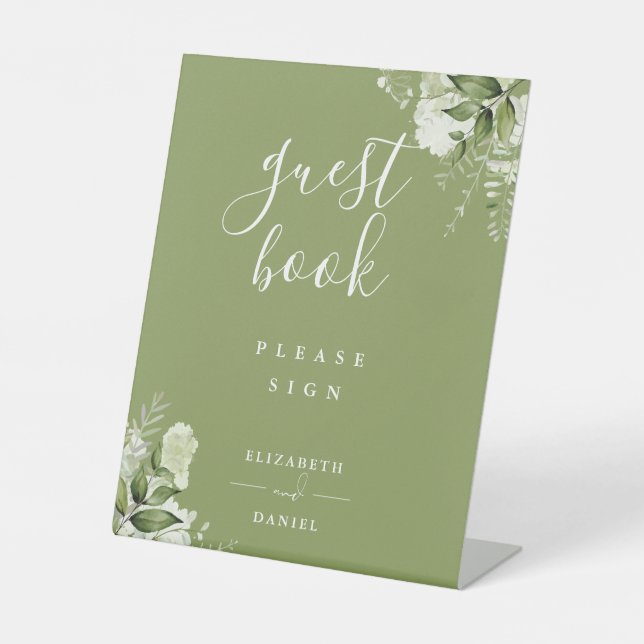 Moss Green Elegant Floral Greenery Guest Book Pedestal Sign (Front)