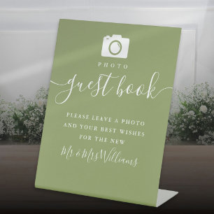 Moss Green Elegant Modern Script Photo Guest Book Pedestal Sign